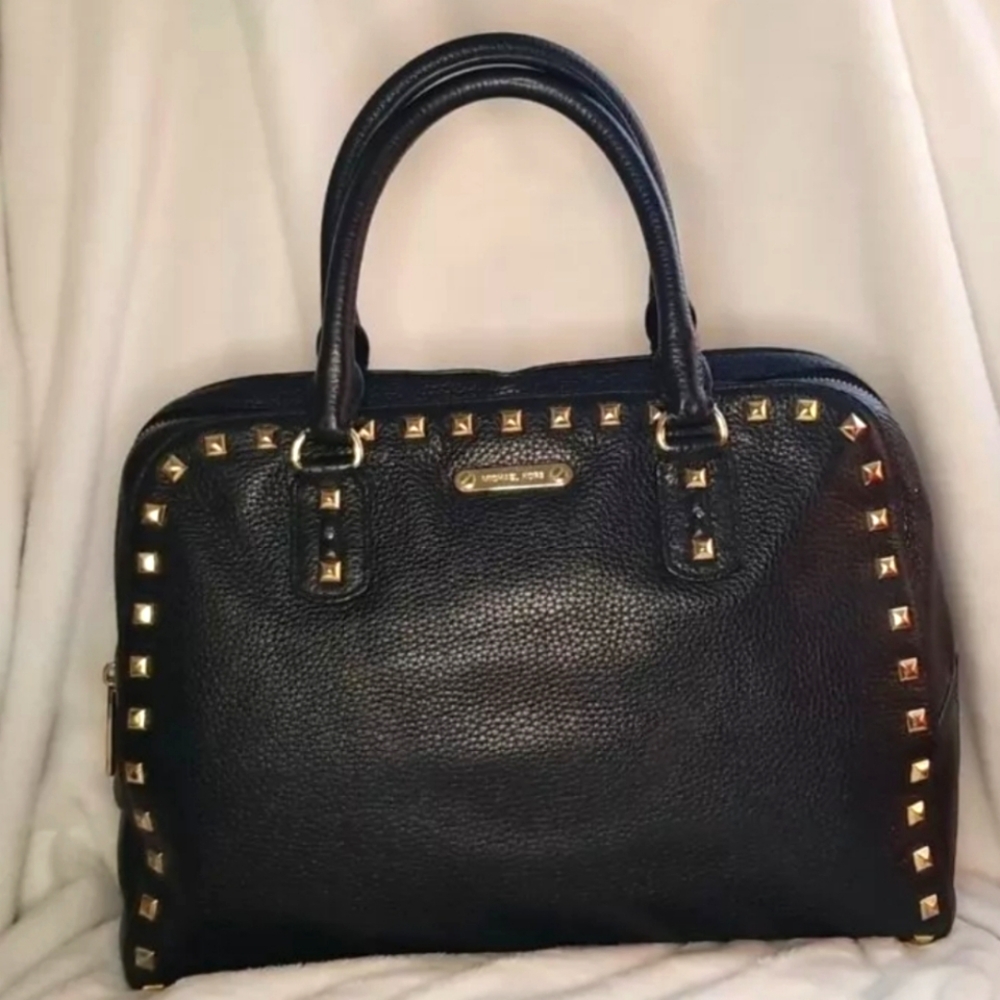 Michael Kors Black Leather Sandrine Gold Stud Satchel